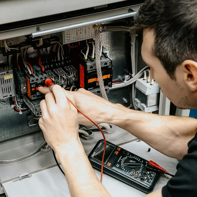 Electricista profesional brindando mantenimiento a una instalación eléctrica